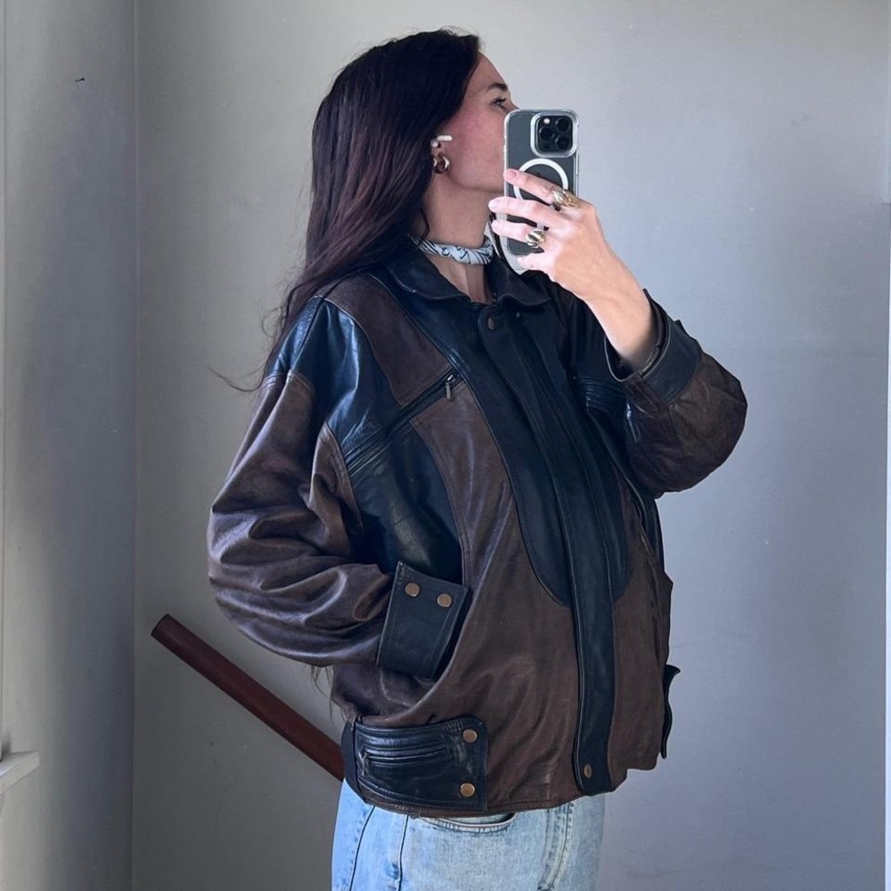 Vintage Leather Jacket Brown Black Two Tone Unique Oversized Bomber 90s Baggy - Picture 1 of 9